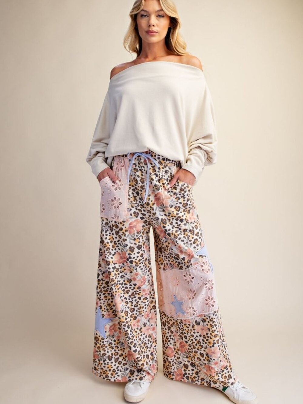 ETA 9/20 - PLUS SIZE Patchwork Animal Wide-Leg Drawstring Pants - Pink Multi